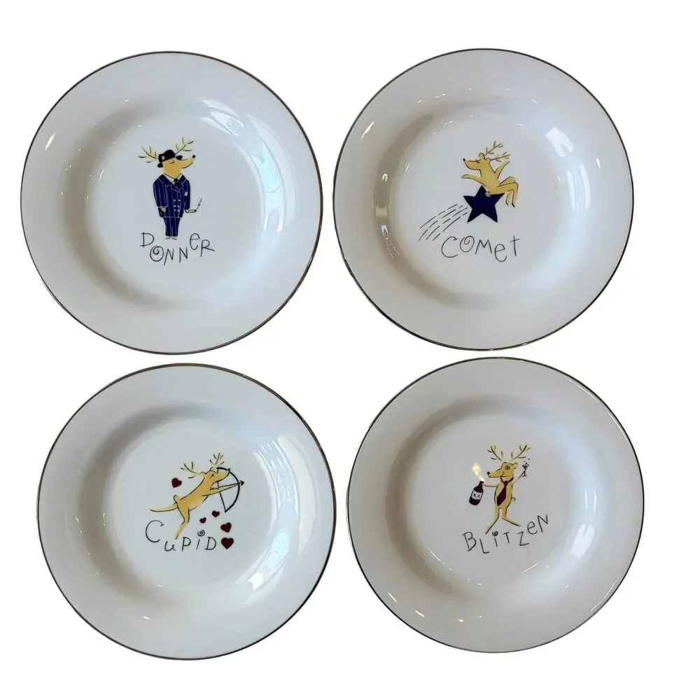 Pottery Barn Christmas Reindeer Dinner Plates 11in Set of 4 Japan RETIRED
